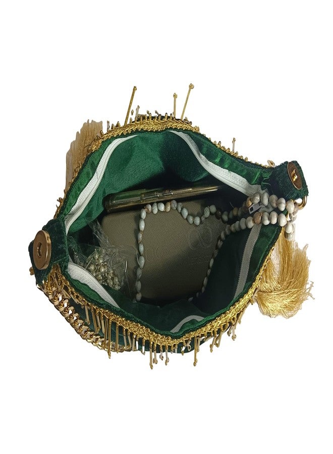 ATHZ Dark Green Velvet dual use potli pyramid/samosa shaped Potli which opens into small evening shoulder bag for ladies with Golden chain tassel embellishment - Image 5